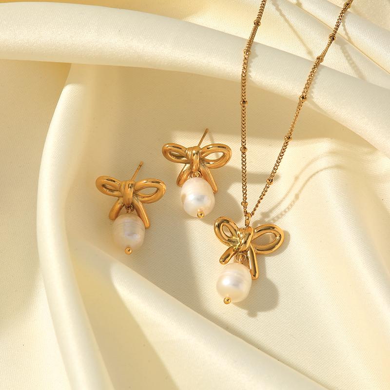 316L Stainless Steel Heart Flower Pearl Necklace Earrings Set For Women Fashion Jewelry Set Waterproof Bijoux Femme