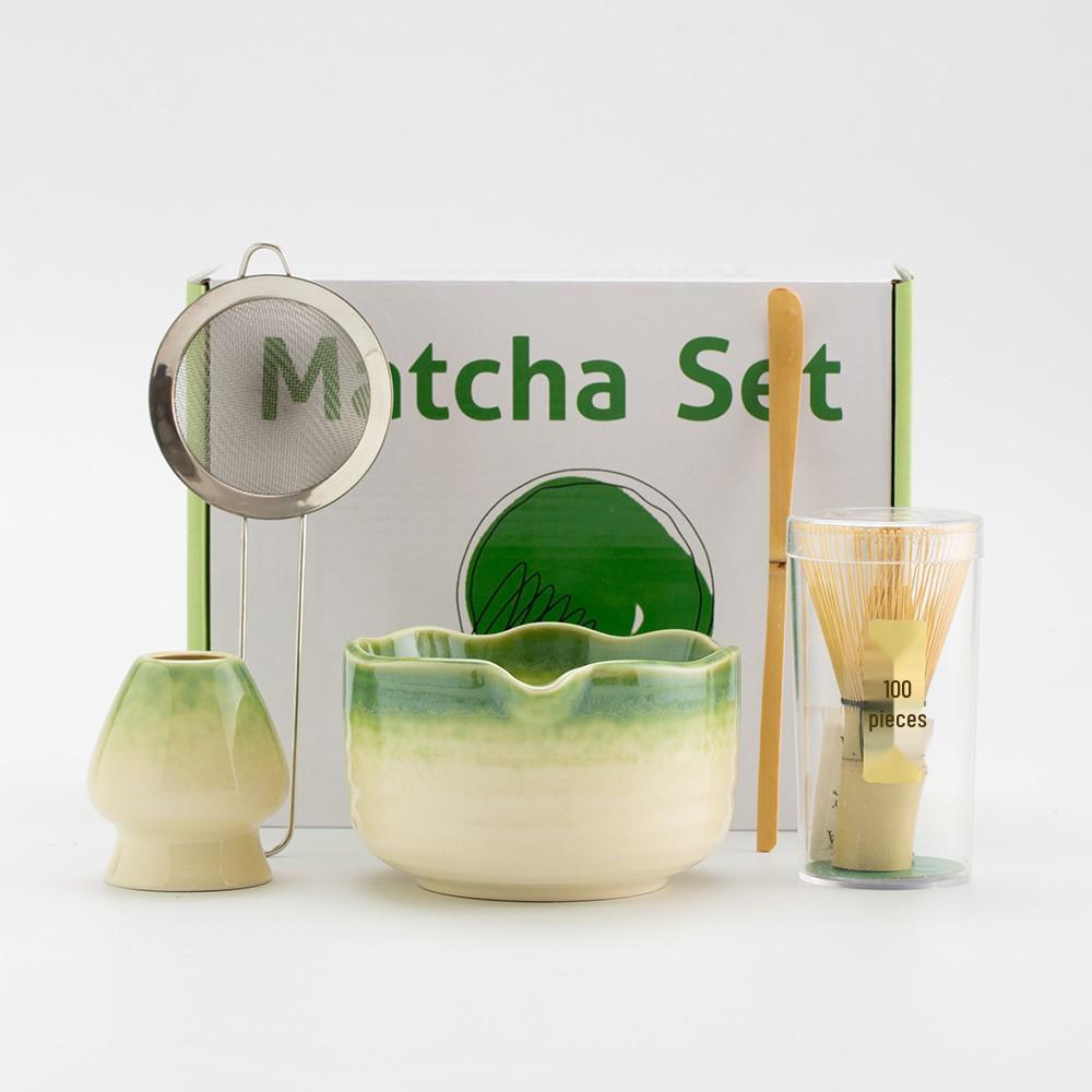 Japanese Matcha Tea Ceremony Set: Ceramic Bowl, Matcha Whisk, Chasen Holder, and Brush. 5 Piece Set