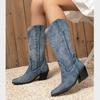 Fashion Fashion Denim Pointed Toe Knee-High Boots Women Hand Embroidery Design Western Square High Heels Autumn Winter Shoes Botas Mujer