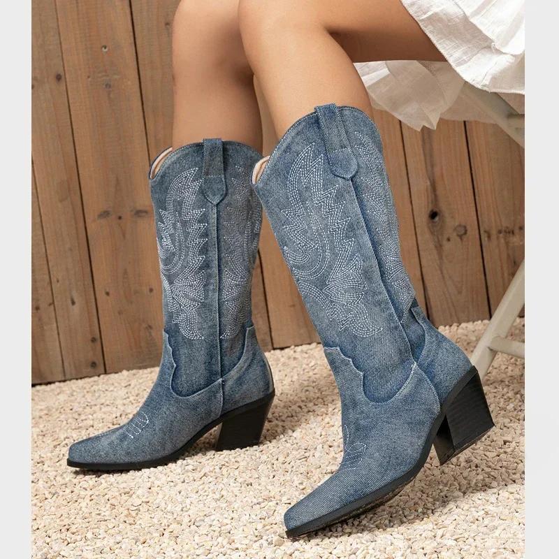 Fashion Fashion Denim Pointed Toe Knee-High Boots Women Hand Embroidery Design Western Square High Heels Autumn Winter Shoes Botas Mujer