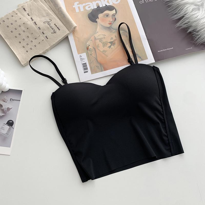 

Модные майки без спины, милые кроп-топы для женщин, облегающие эластичные майки, женские майки на спагетти из ледяного шелка с чашечками One Size чёрный