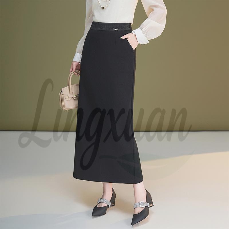 Women s Autumn 2026 Stylish Split Midi Pencil Skirt 3XL чёрный