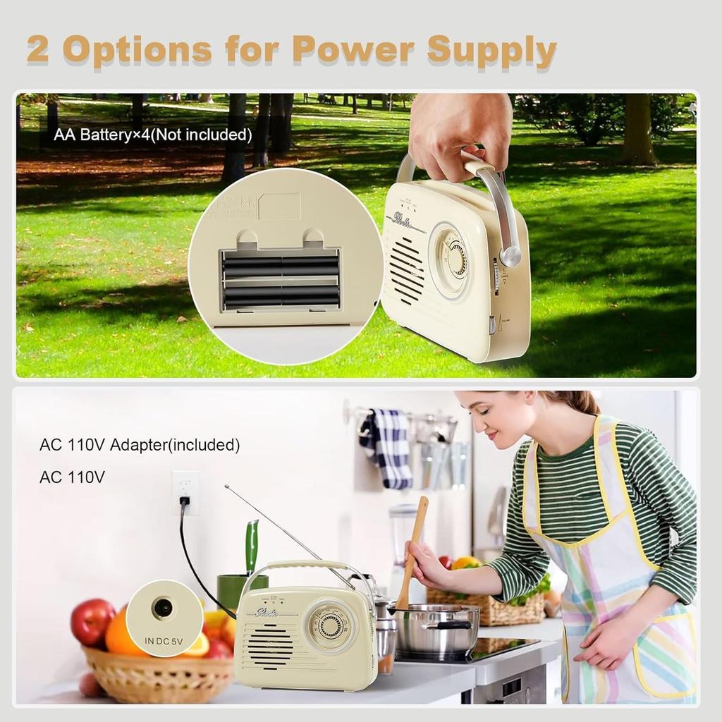 Portable AM FM Radio, Retro Radios Battery Powered & Plug-in Wall, Vintage Radio with Bluetooth, Easy To Use Large Dial for Home/Outdoor/Kitchen