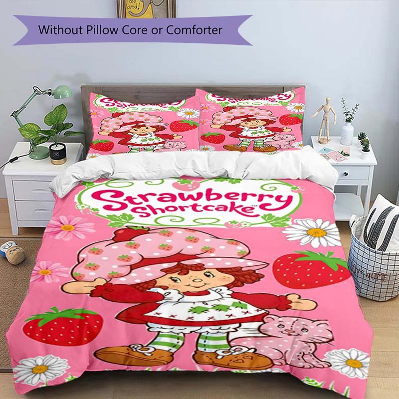 3pcs Princess Strawberry3 Design Cover Set - HD Printed Bedding with 1 Cover and 2 Pillowcases - Perfect for Home and Dorm Decor