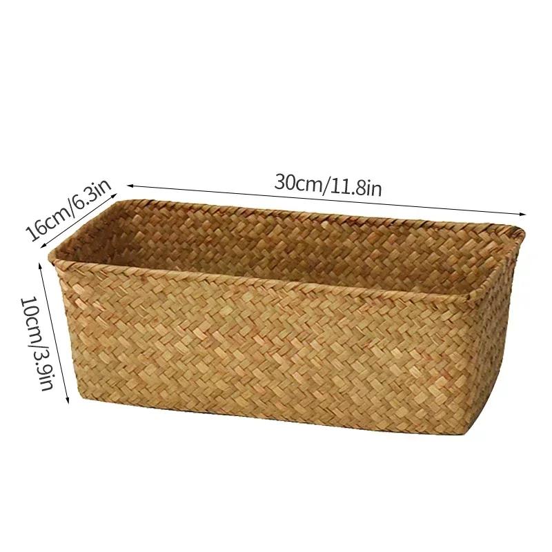 Handmade Woven Seagrass Storage Basket Desktop Straw Rattan Organzier Picnic Storage Box Desk Cosmetic Fruit Sundries Container