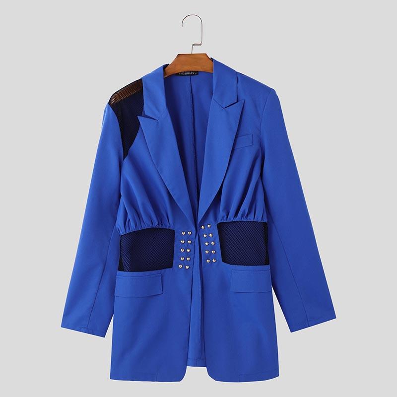 

INCERUN Мужские пиджаки с лацканами, длинными рукавами, сетчатыми вставками, прозрачные, повседневные, тонкие 3XL синий