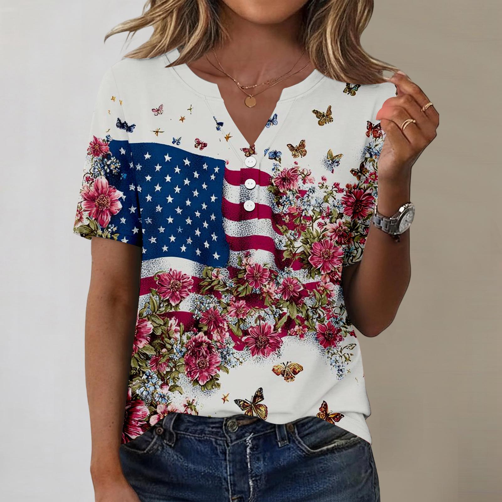 Women s Fashionable Casual Independence Day Print Blouse S