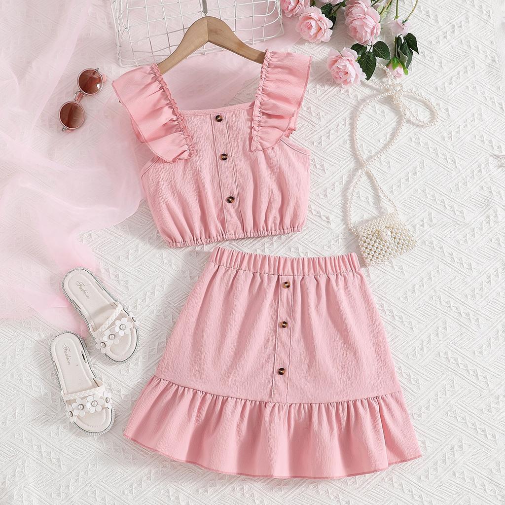 Citgeett Sommer Kinder Mädchen Rock Set Fly Ärmel Leibchen Elastische Taille A-linie Rock Outfit Feste Kleidung