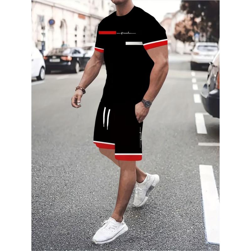 

Men s casual 3D digital printing 2-piece set casual short-sleeved round neck T-shirt + drawstring sports shorts summer outdoor casual men s suit XL