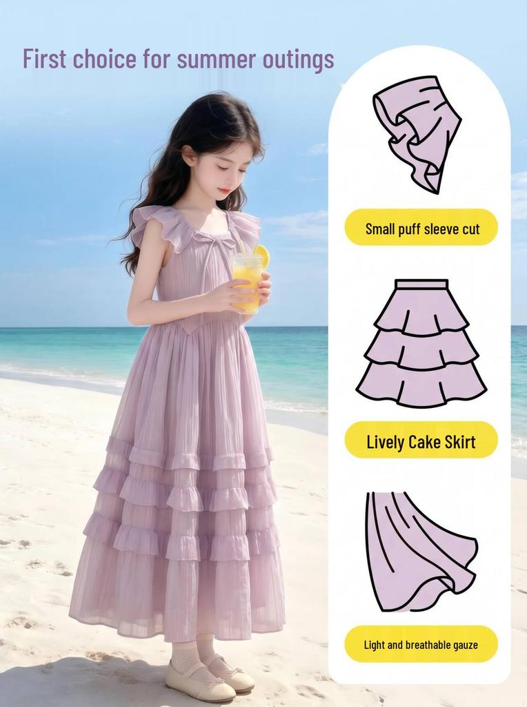 Girls' Puff Sleeve Lace Cake Dress - Summer 2026 Style, Slim Waist Long Dress for Kids