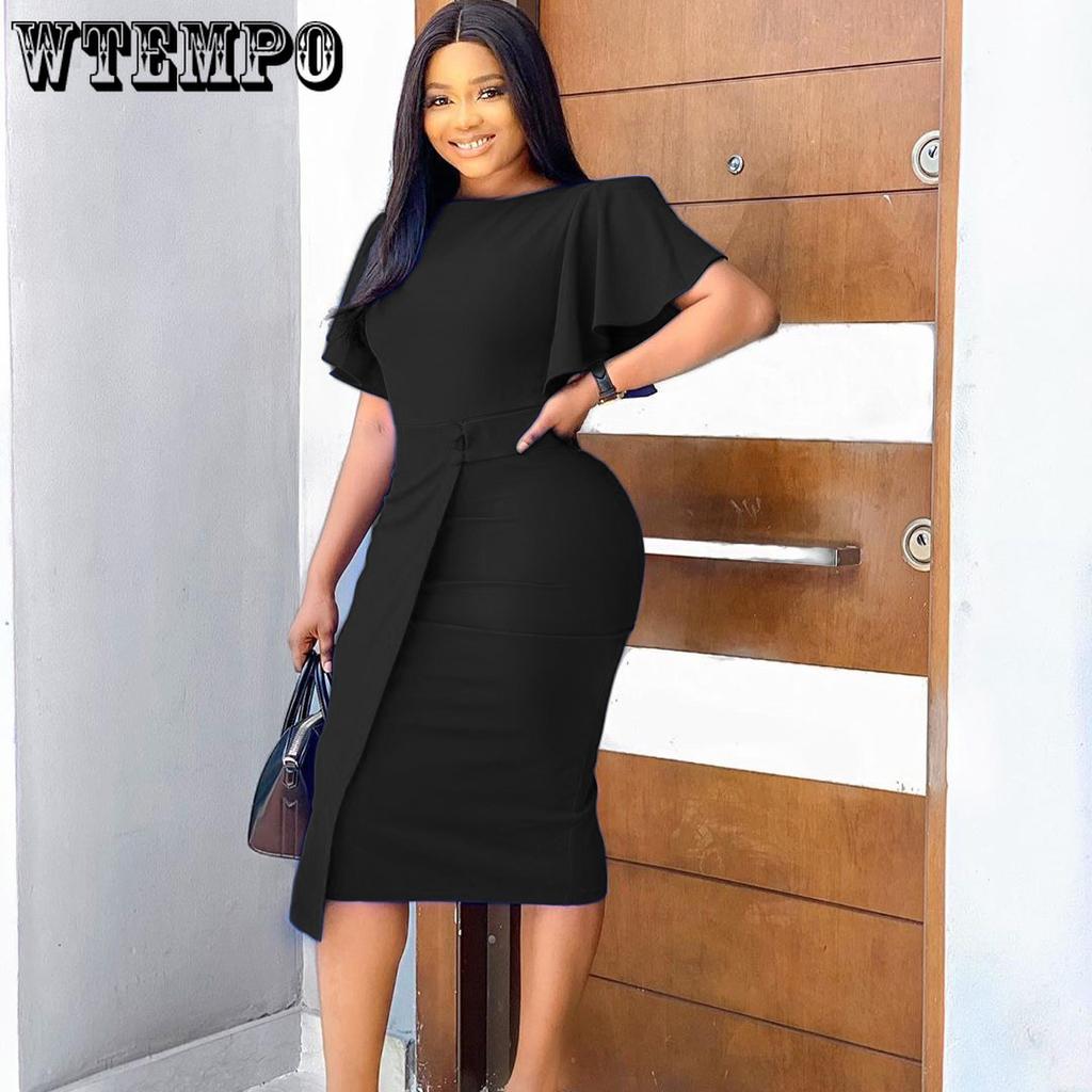 Spring and Summer Large Size Solid Color High Waist Temperament Commuter Ruffle Sleeve Package Hip Long Dresses