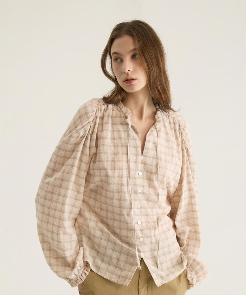Oteumilkape Check Frill Tie Blouse - Beige