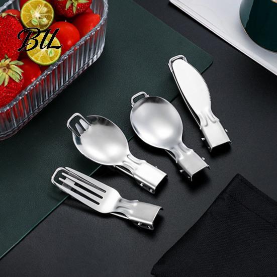 Corrosion Resistant Utensils Stainless Steel Folding Spoon Fork Cutter Straw Brush Foldable Flatware Outdoor Camping Picnic Hiking Collapsible Cutlery