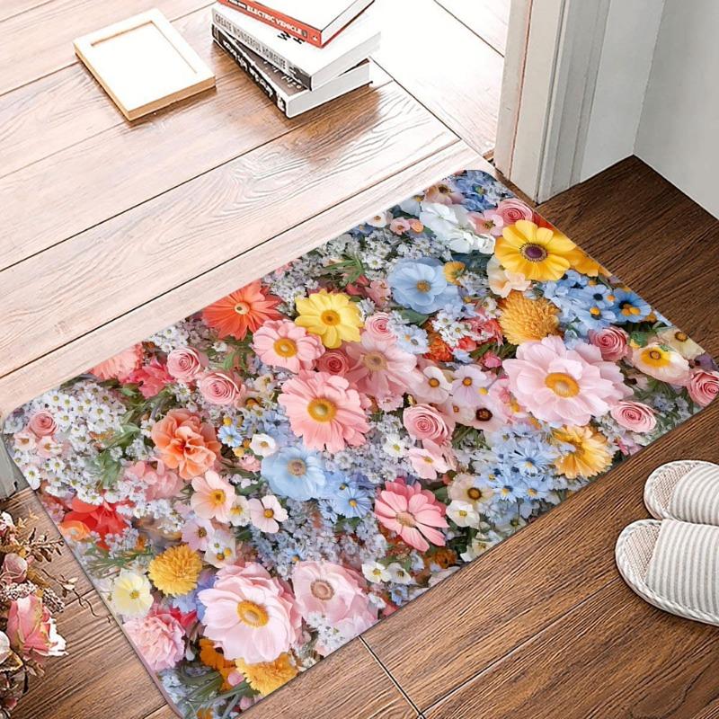 Beautiful Flowers Printing Non-Slip Small Rug Waterproof Easy Clean Floor Mat for Indoor Outdoor Use Durable Home Decor Fashion