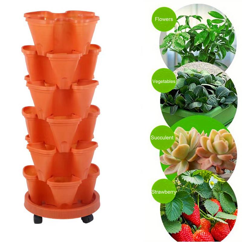 Vertical Planter Tower Garden, 6 Tiered Planter Stackable Herb Garden Planter with Movable Casters and Bottom Indoor and Outdoor