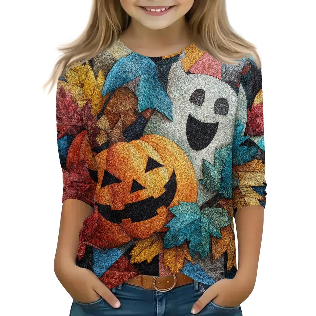 Print Tops For Youth Girls 5-16 Years Round Neck 3/4 Sleeves T-Shirts Trendy Tops Outfit Tees
