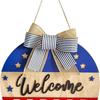 Wooden Independence Day Welcome Front Door Sign Round 30cm with Bowknot Multipurpose Home Decoration