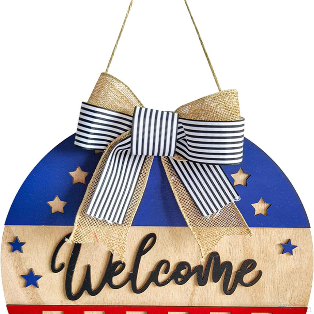 Wooden Independence Day Welcome Front Door Sign Round 30cm with Bowknot Multipurpose Home Decoration