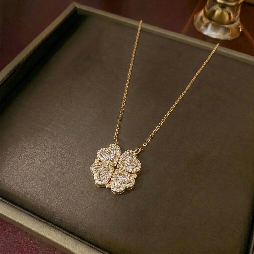 Women's Heart-Shaped Necklace with Four-Petal Flower, Cubic Zirconia, Titanium Steel Clavicle Chain - Elegant and Versatile Accessory