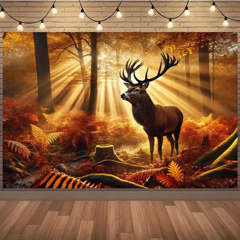 2D Plane 1 Piece of Beautiful Autumn Forest Background Fabric Featuring Majestic Deer Suitable for Living Room or Office