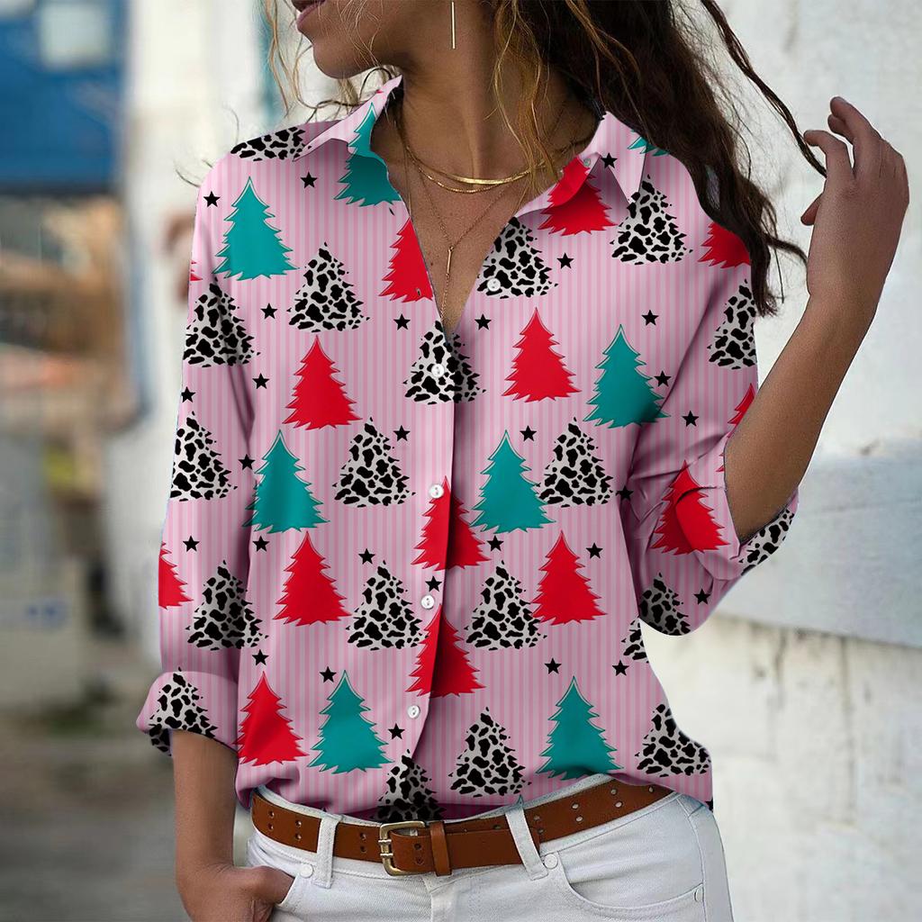 Christmas Tree Print Women Blouse Spring Autumn Femme Office Lady Button Up Turn Down Collar Shirts