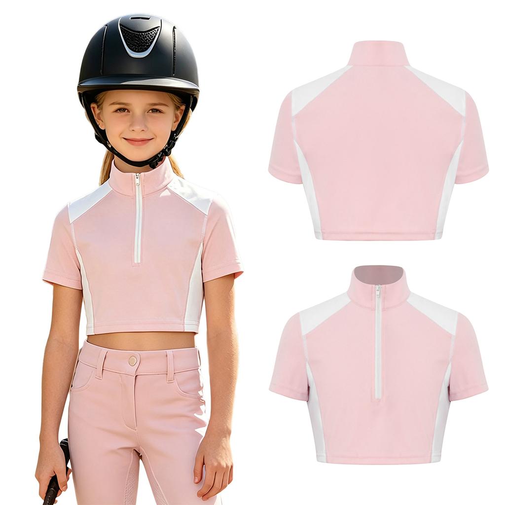 Kids Girls Color-block Equestrian Shirt Zip-up Stand Collar Short Sleeve Athletic Tops for Horse Riding Running Golf Tennis Practice
