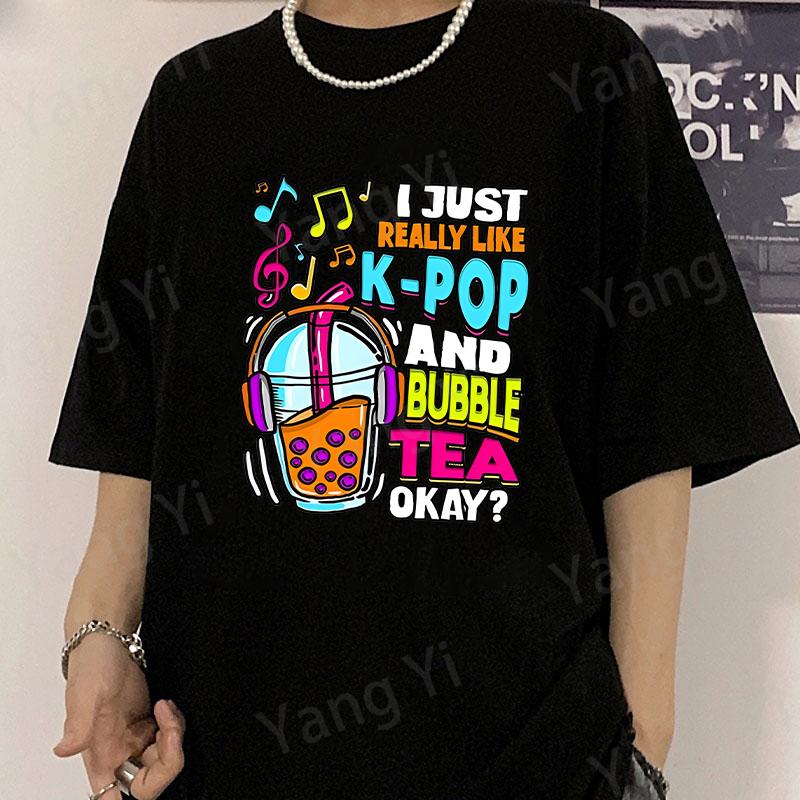 Pearl Milk Tea With Headphones On Print Cotton T Shirt Women Unisex I Like Kpop And Milk Tea Letter Print Pattern Hiphop Shirts