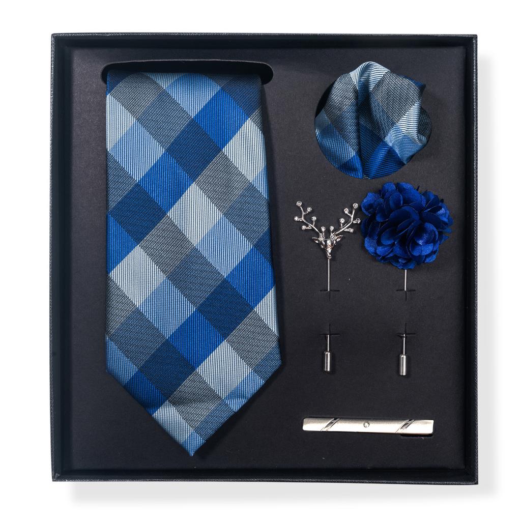 Tie Men'S Trend Net Color Striped Cashew Nut Tie 6-Piece Gift Box Square Scarf Tie Clip Corsage Set
