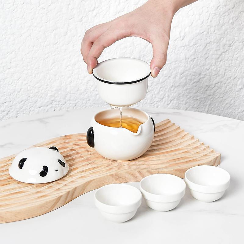1 Set Cute Ceramics Panda Tea Set One Pot Portable Kung Fu Tea Teacup Durable with Three Cups Teapot Set Gifts