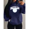 Brooklyn New York Art Letter Number 28 Design Women Hoody Autumn Casual Loose Hoodie Fleece Pocket Streetwear