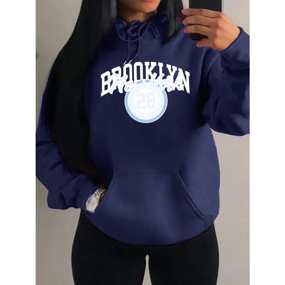 Brooklyn New York Art Letter Number 28 Design Women Hoody Autumn Casual Loose Hoodie Fleece Pocket Streetwear