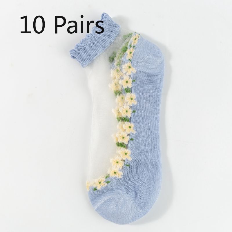 

10 пар женских тонких шелковых чулок для весны и лета, хрустальные носки-лодочки из стекла и кружева, хлопковые носки, дышащие и влагоотводящие 10 pairs синий