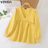 VONDA Women Casual Lace V-Neck Lantern Long Sleeve Blouses