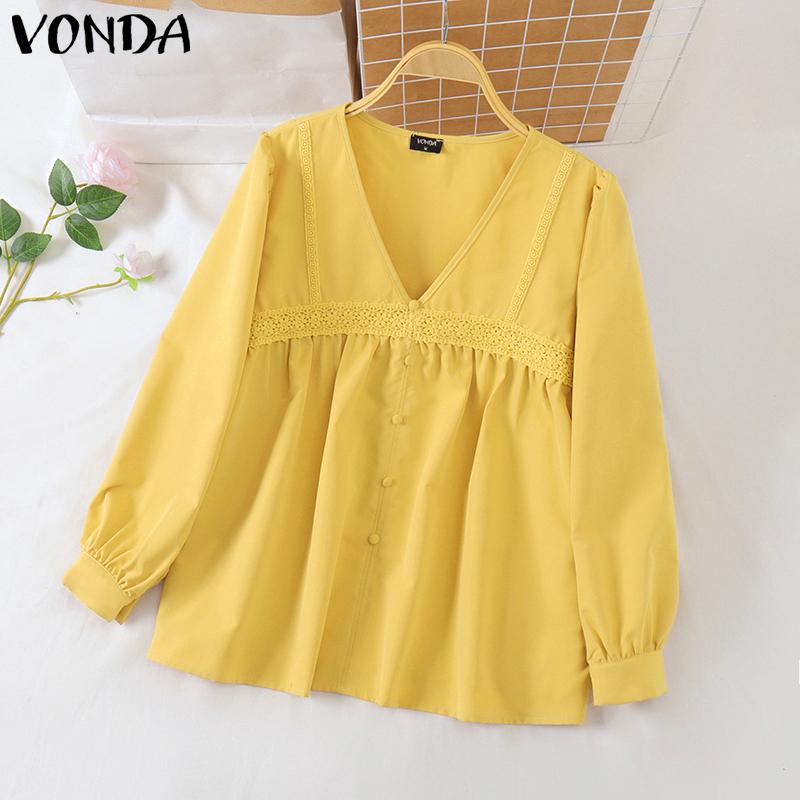 VONDA Women Casual Lace V-Neck Lantern Long Sleeve Blouses