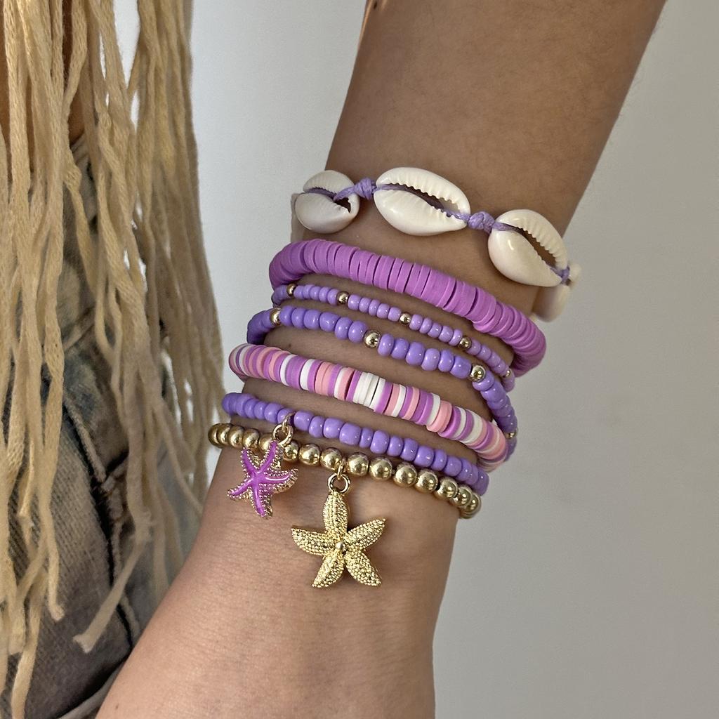 Colorful Dopamine Starfish Shell Beads Elastic Bracelets Set for Women Bohemian Heishi Chain Bracelet Summer Party Jewelry Gift