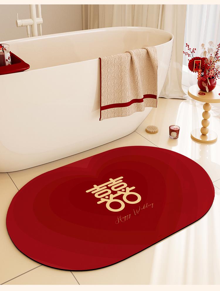 Festive Red Diatomaceous Earth Water-Absorbing Anti-Slip Oval Bathroom Mat