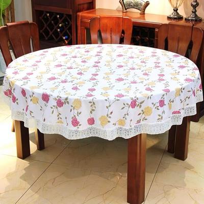Pastoral Style PVC Tablecloth Lace Hem Printed Design Waterproof Tablecloth Oil Resistant Flower Pattern Round Table Cover