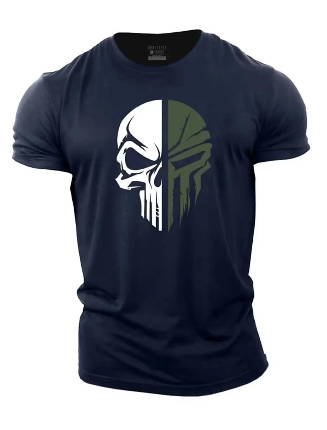 

Summer New Men s Personality Fashion T-shirt Print Military Skeleton Neck T-shirt Fitness Sportwear Men s Sports T-shirt Tops M