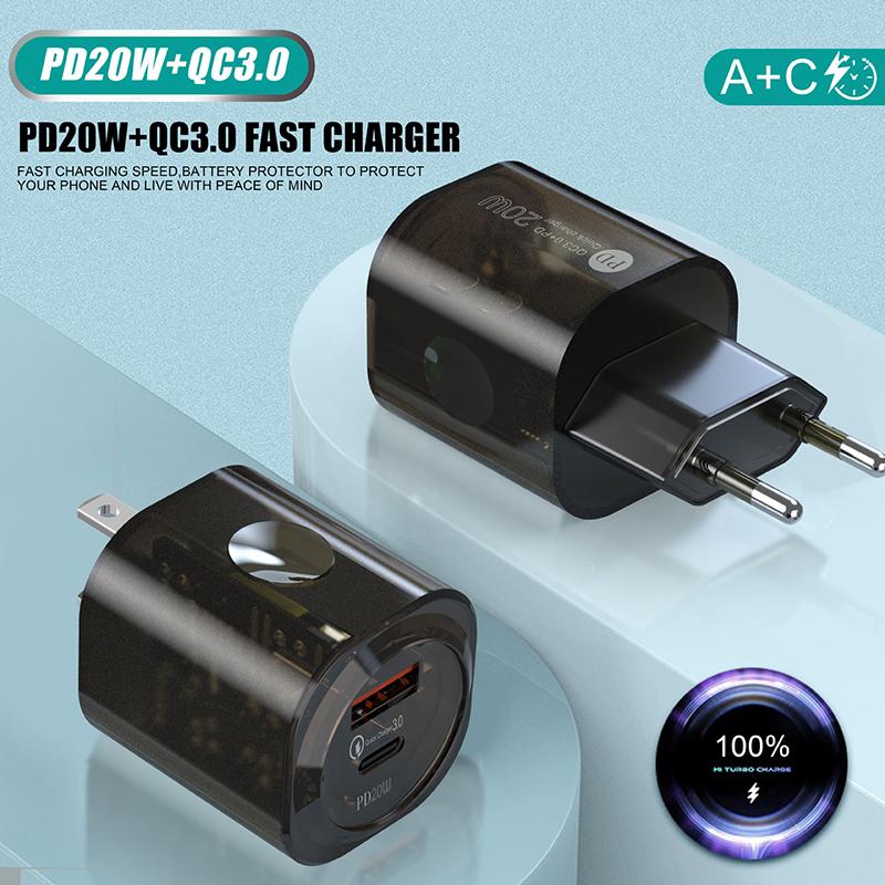 Pd 20W Usb & Type C Dual Ports Fast Charger Quick 3.0 Charger Adapter For Iphone 14 13 12 Xiaomi Samsung Eu&Us Wall Charging