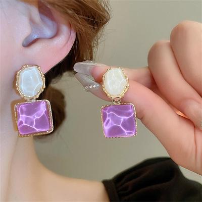 Symmetrische Blau Lila Große Quadratische Rhombus Hängeohrringe Damen Einfache Funkelnde Wellen Geometrischer Ohrschmuck