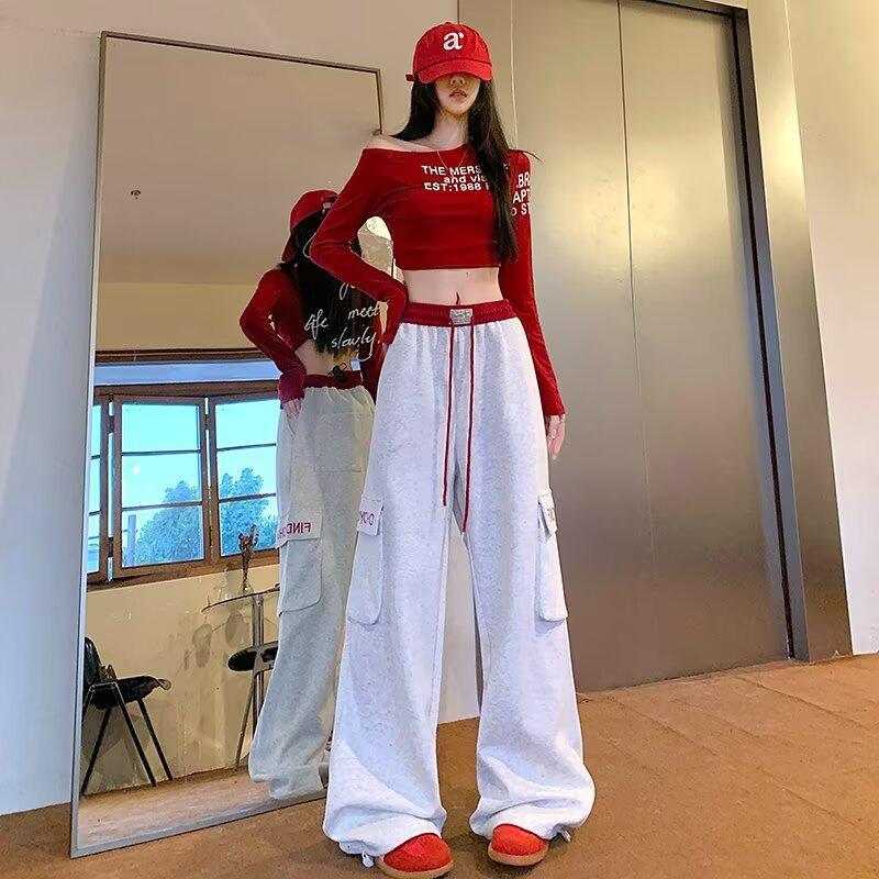 

Ретро спортивные штаны спортивные штаны свободные комбинезоны прямые повседневные карманы персонализированный универсальный тренд 2XL серый