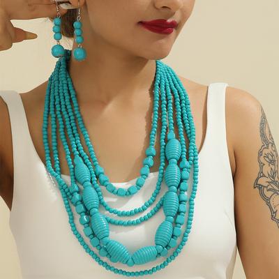 Bohemian Vintage Multilayer Wooden Bead Handmade Beaded Necklace Earring Jewelry Set For Women Summer Beach Holiday Accessories