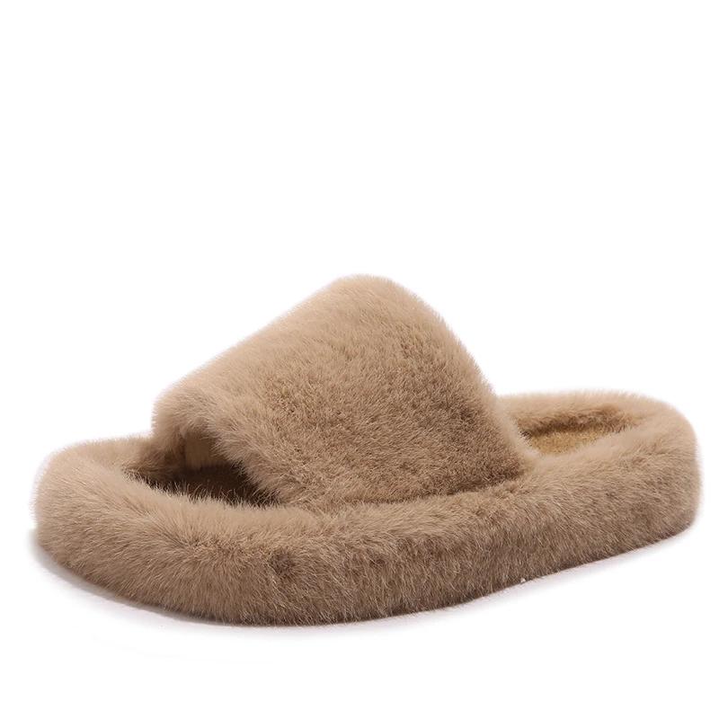 Home Slippers Women's Platform Shoes Female Lady Fur Flip Flops Slides 2024 Soft Plush Cotton Indoor Winter Flats
