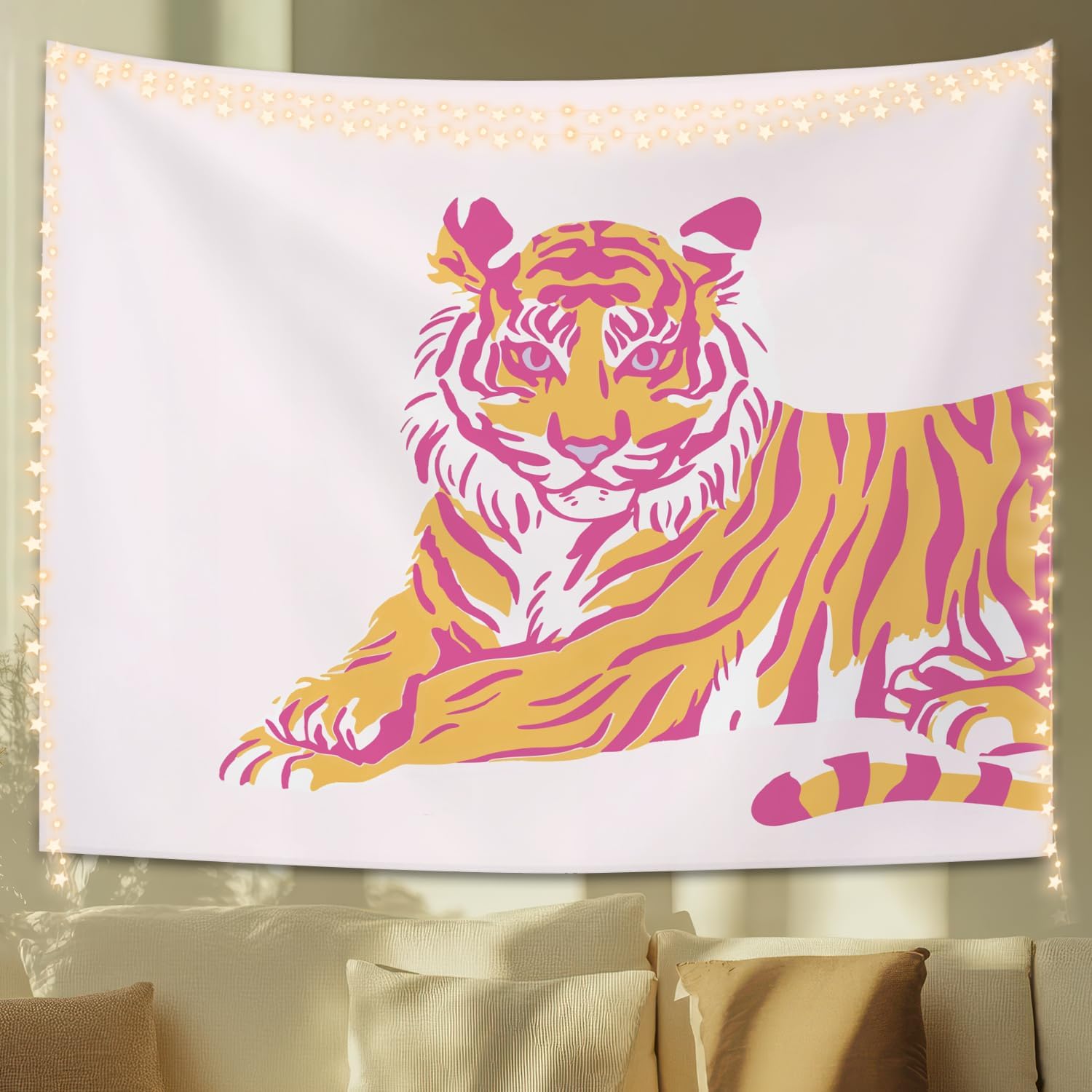 

Pink Tiger Tapestry Funky Preppy Wall Art Cute Girly Decor for Teen Girl Dorm Bedroom 50x60 Inches 74x94cm(29x37in)