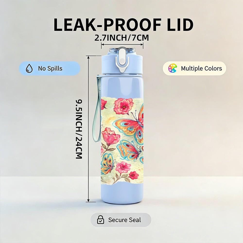 1PC Soft Pink Rose Cluster Floral Print 750ml Color Plastic Sports Water Bottle Leakproof Flip Straw Lid Suitable for Sports Office Home Use