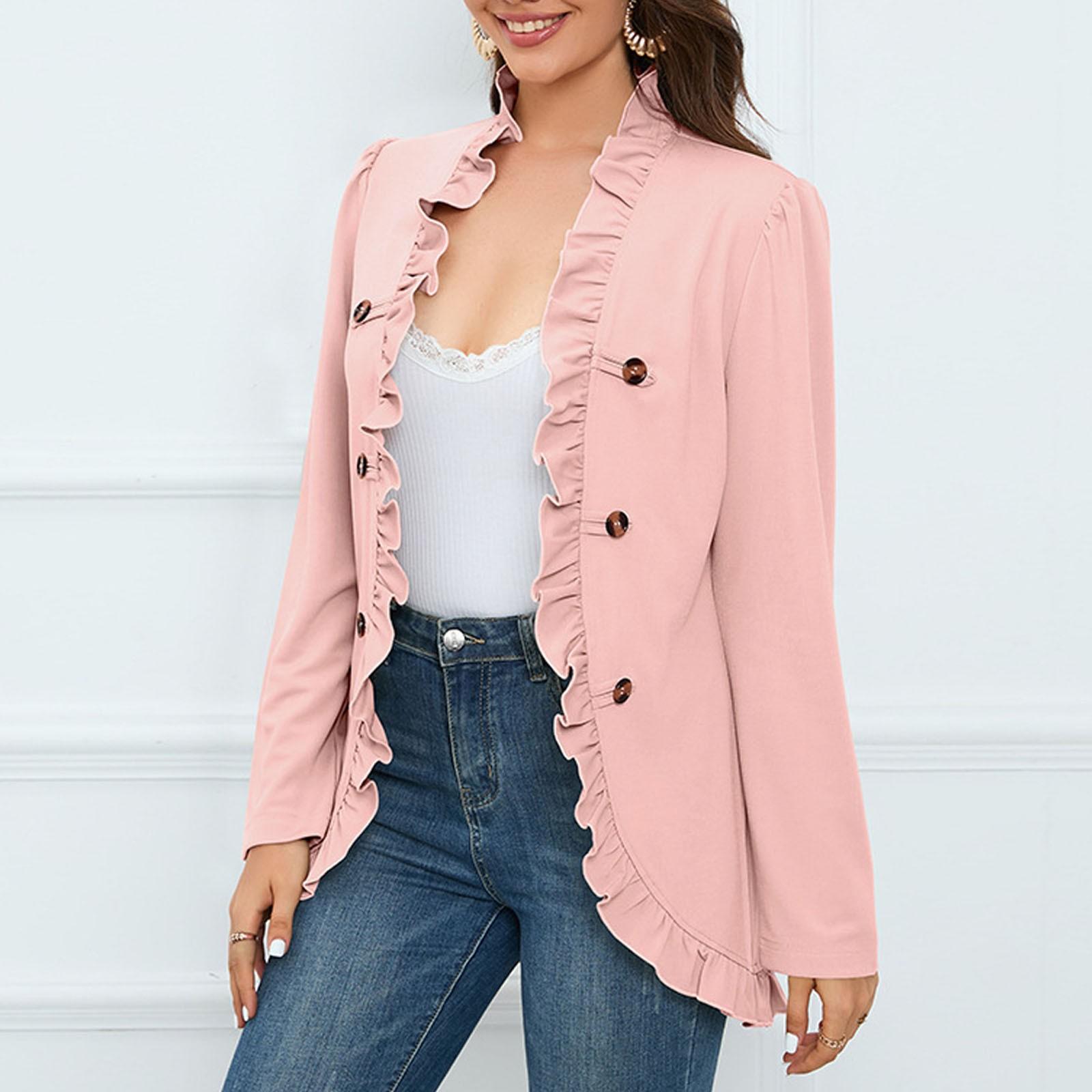 

Женская куртка с открытыми пуговицами и рюшами, новый короткий костюм с длинными рукавами, однотонная вечерняя куртка L розовый