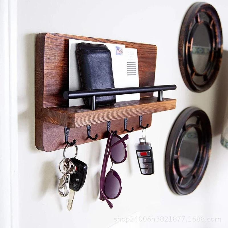Wooden Wall Key Holder, Decorative Key and Mail Holder with Shelf Has Large Key Hooks for Bags, Coats, Umbrella