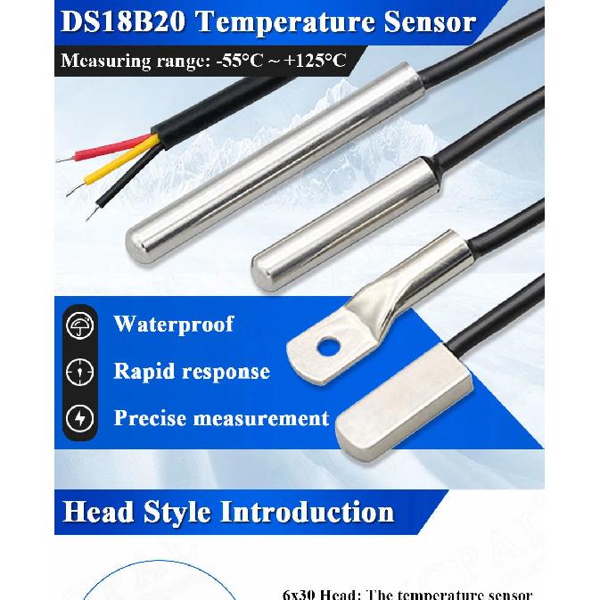 DS18B20 Temperature Sensor Probe 304 Stainless Steel 6*30MM OD 3.0MM Waterproof Dustproof Sensors Cable 1M Length