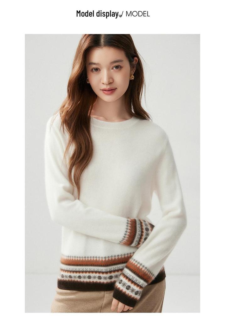 Women's Color Block Fair Isle Cashmere Sweater: Autumn/Winter 2026 Round Neck Versatile Pullover