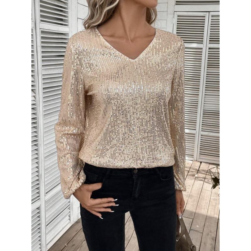 Women Elegant Loose V Neck Long Sleeve Solid Sequin T Shirt Top